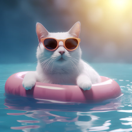 Cute white cat in sunglasses with inflatable ring in swimming poolの素材