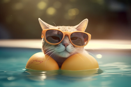 cat in sunglasses with easter eggs in swimming pool, closeupの素材