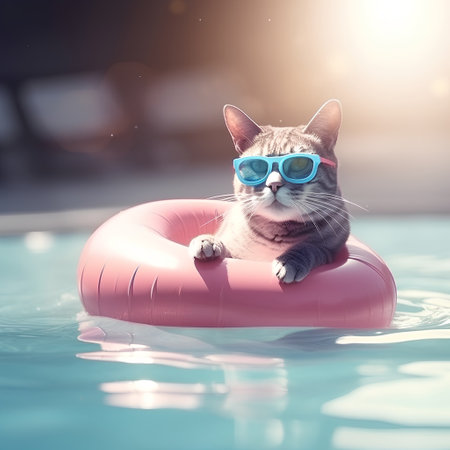 Cute cat in swimming pool with inflatable ring and sunglasses.の素材