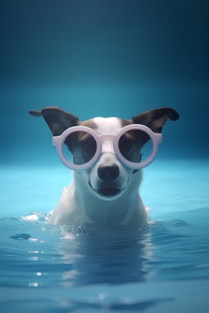 jack russell dog in sunglasses swimming in a pool with blue backgroundの素材