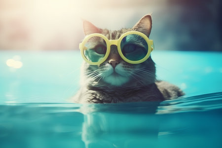 Cute cat in swimming pool with sun glasses. Toned.の素材