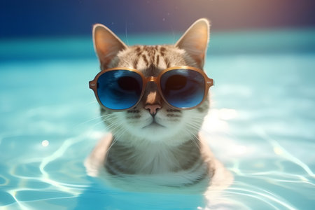 Funny cat in swimming pool with sunglasses and bokeh effectの素材
