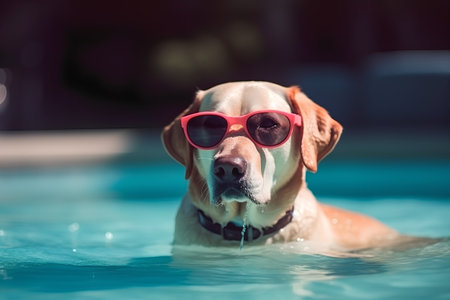 Labrador Retriever in swimming pool with sunglasses, vintage styleの素材