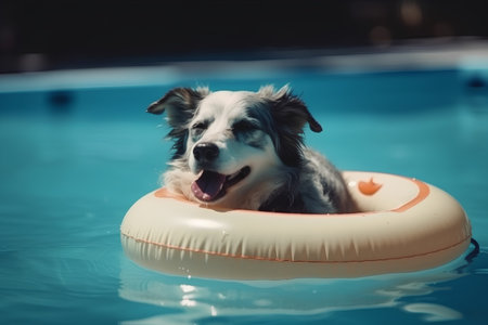 Border Collie swimming in a swimming pool at night with a rubber ringの素材