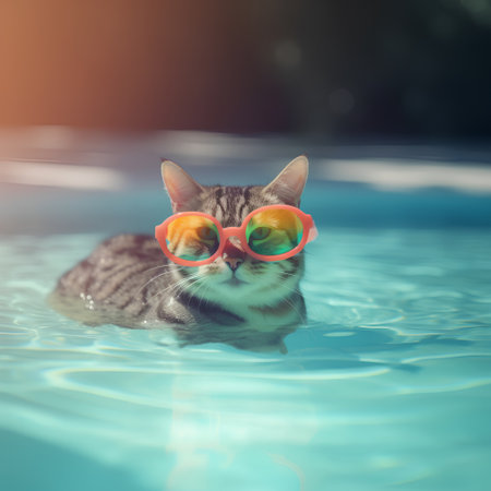 Cute cat wearing sunglasses swimming in swimming pool. Vintage filter.の素材