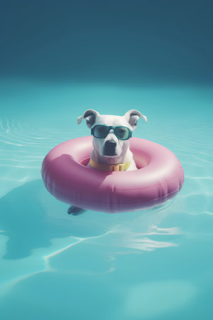 Dog in swimming pool with inflatable ring. 3d illustration.の素材