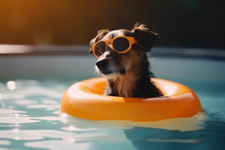 cute little dog swimming in the swimming pool wearing sunglasses, summer vacation conceptの素材