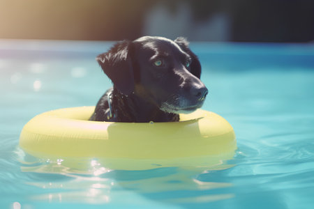 Cute black dog swimming in swimming pool with yellow inflatable ringの素材