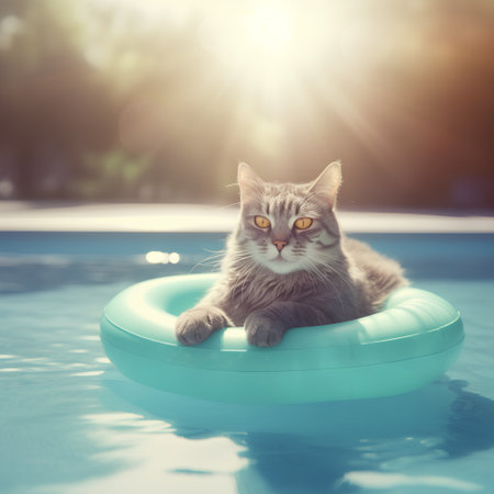 Cute cat on inflatable ring in swimming pool, tonedの素材