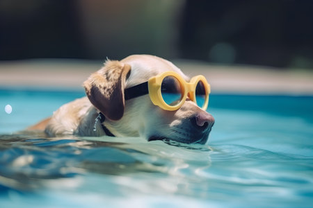 cute labrador retriever swimming in a swimming pool wearing sunglassesの素材