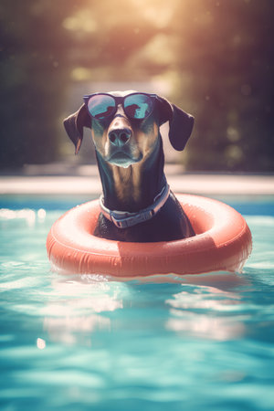 Portrait of a dog in the swimming pool, wearing sunglasses.の素材