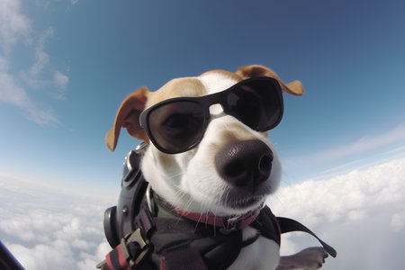 jack russell dog with sunglasses on the background of the skyの素材