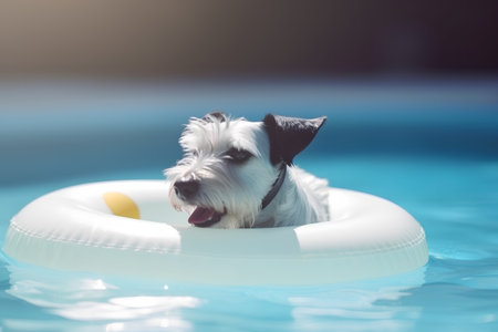Miniature schnauzer swimming in swimming pool with inflatable ringの素材