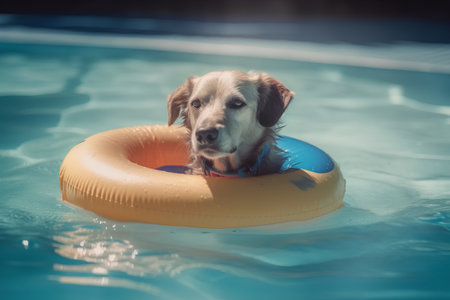 Cute Golden Retriever puppy swimming in a swimming pool with an inflatable ringの素材