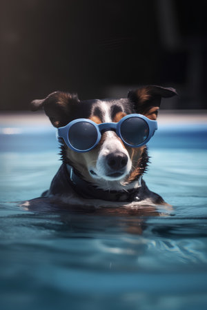 Portrait of a dog in a swimming pool with blue glasses.の素材
