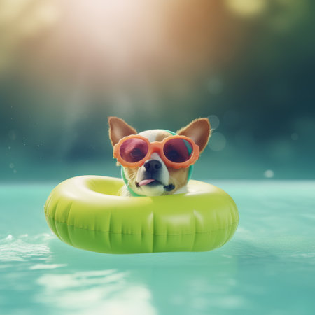 cute chihuahua dog in swimming pool with sunglasses and rubber ringの素材
