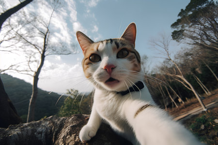 Cute cat sitting on the tree and looking at the sky.の素材