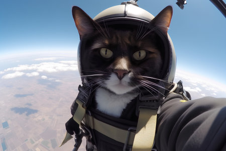 Cat in the helmet of an astronaut on the background of the earthの素材