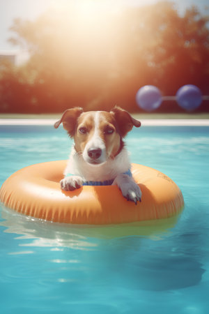 Dog on an inflatable ring in the swimming pool at sunset.の素材
