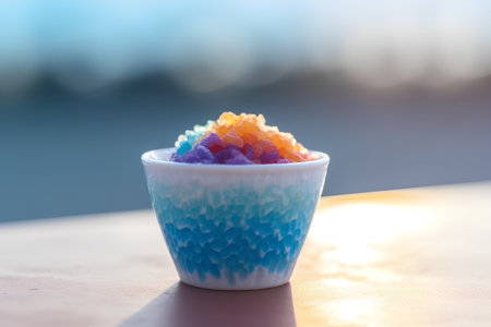 Colorful bath salt in a bowl on the beach. Selective focus.の素材
