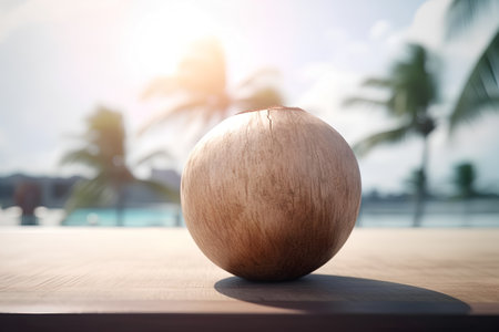 Coconut shell on a wooden table with palm trees in the background.の素材