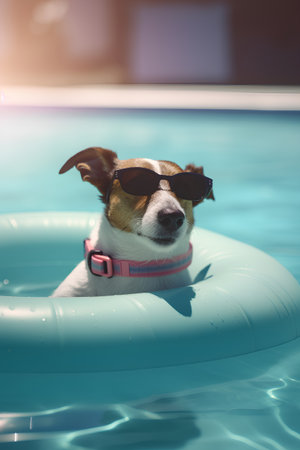 Jack russell terrier dog in sunglasses swimming in a swimming poolの素材
