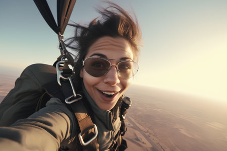 Happy young woman taking selfie with paraglider in the desertの素材