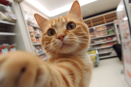 Cute ginger cat is looking at the camera in the supermarket.の素材