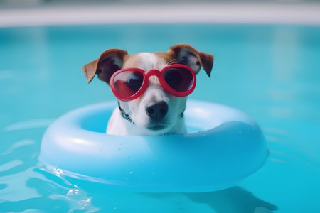 jack russell dog in the swimming pool with sunglasses and ringの素材