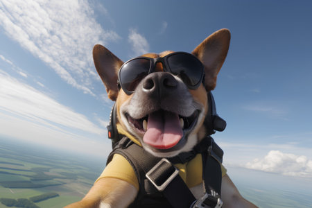 dog with pilot's helmet and goggles on a background of blue skyの素材
