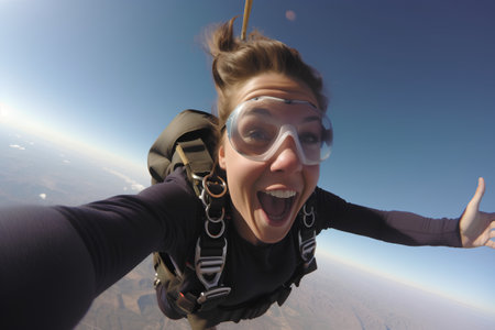 Selfie of a girl skydiver in a parashuteの素材