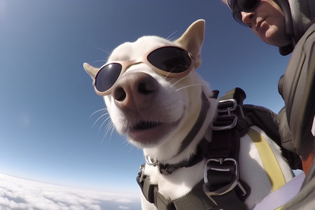 White dog with sunglasses and a backpack on the background of the skyの素材