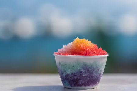 Colorful sugar jelly in a bowl on wooden table with blurred backgroundの素材