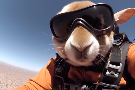Rabbit wearing a ski suit and ski goggles in the desert.の素材