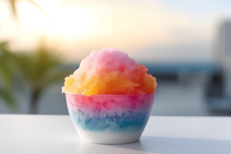 Frozen fruit ice cream in colorful bowl on table with blurred backgroundの素材