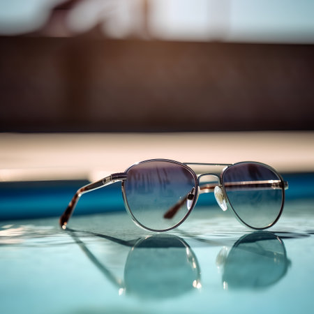 Sunglasses on a swimming pool with reflection. Shallow depth of field.の素材