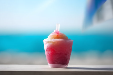 Strawberry ice cream in a plastic cup on the beach.の素材