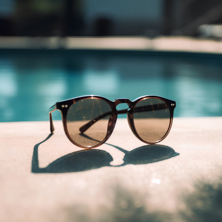 Sunglasses on the edge of a swimming pool. Selective focus.の素材