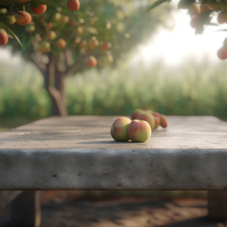 Apples on the table in an orchard in the morning lightの素材