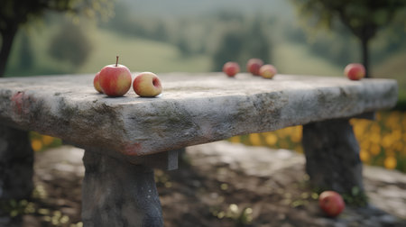 Ripe apples on a stone bench in an apple orchard.の素材