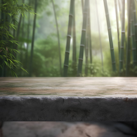 Empty stone table over bamboo forest background, product display montage.の素材