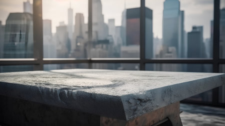 Close up of stone table with city view background. 3D Renderingの素材