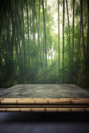 Empty table over bamboo forest background, product display, 3d renderの素材