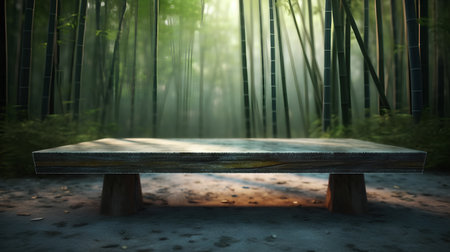 Wooden bench in the green forest with foggy background and copy spaceの素材