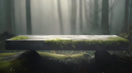 Empty top of wooden table in abstract fantasy forest. 3D Renderingの素材
