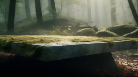Wooden bench in the forest with moss and fog in the backgroundの素材