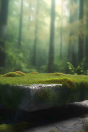 Fantasy landscape with a stone podium and green moss. 3d renderingの素材