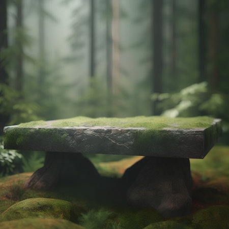 Wooden bench in the forest with green moss, 3d renderの素材