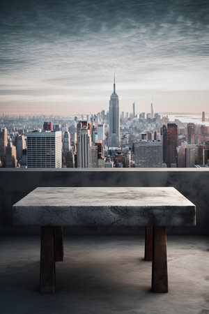 Empty top of natural stone table and New York city view. Mock up, 3D Renderingの素材