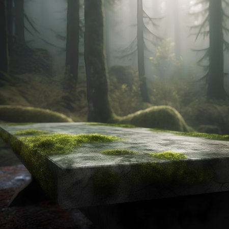 Wooden table with moss in the forest. 3d render.の素材